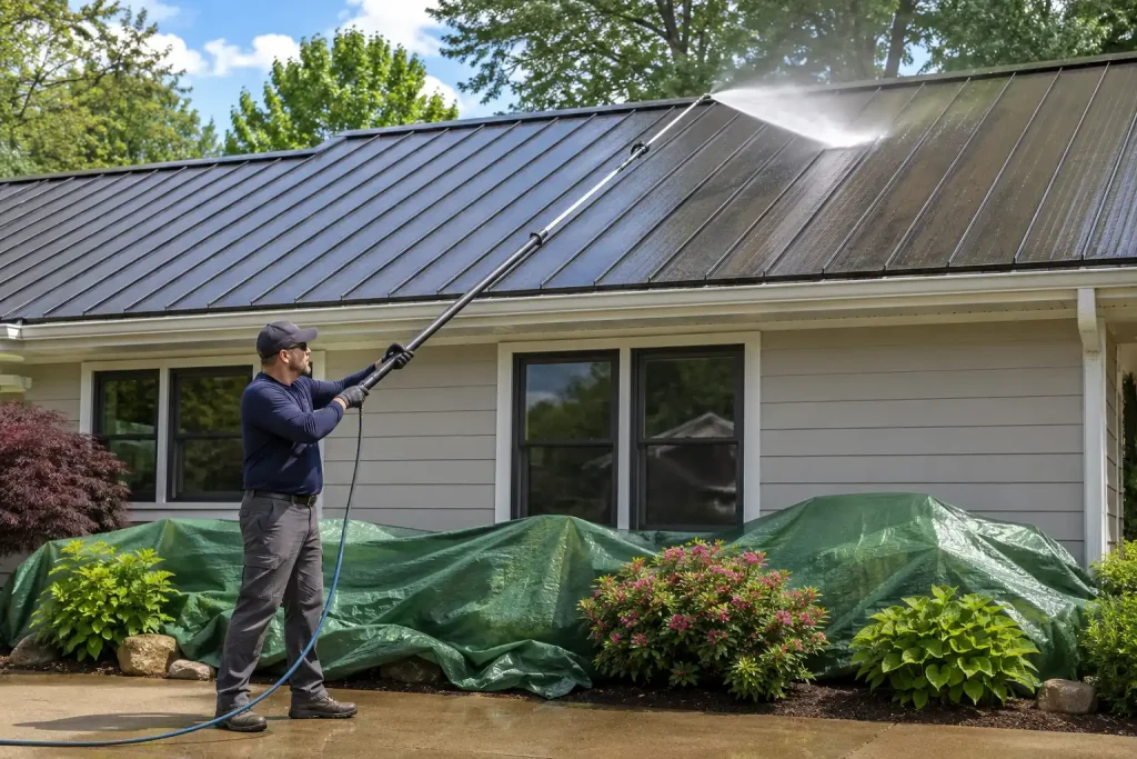 Homeowner preparing equipment to pressure wash a metal roof safely