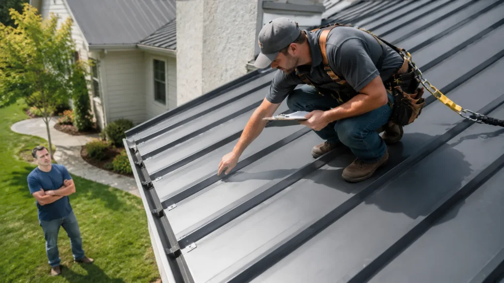 roofing contractor inspecting metal roof for insurance coverage