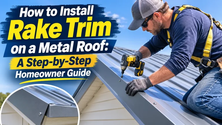 professional installing rake trim on metal roof with safety harness