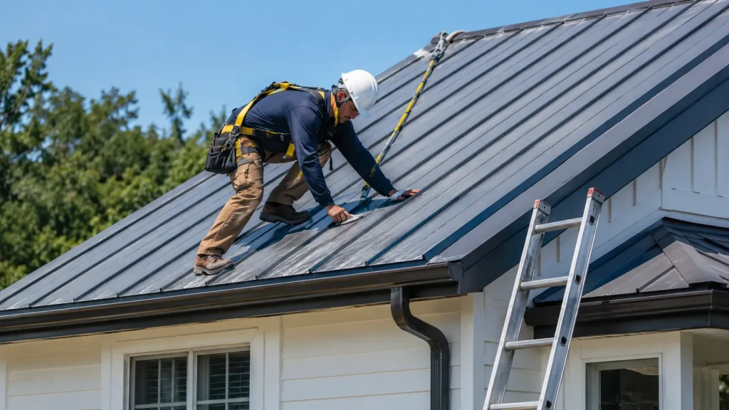how to repaint a metal roof safely with proper ladder and fall protection setup