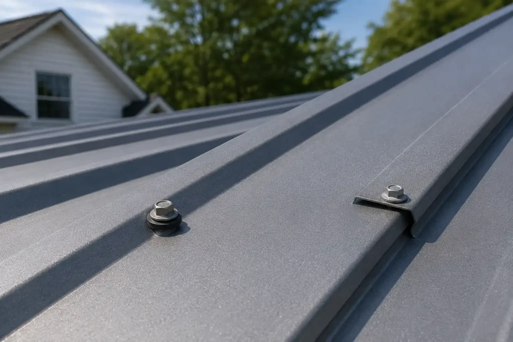 Diagram showing how to screw down metal roofing at panel flats, ribs, and side laps