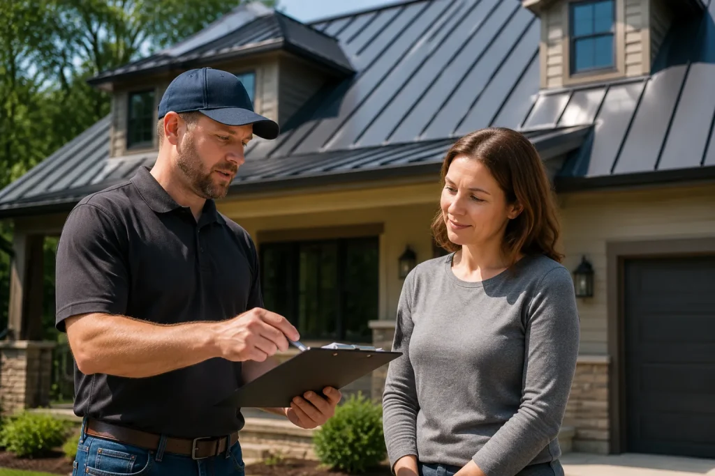 homeowner reviewing financing options for a metal roof with a roofing contractor