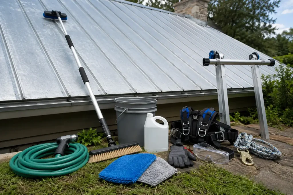 Supplies used to safely clean a Galvalume metal roof