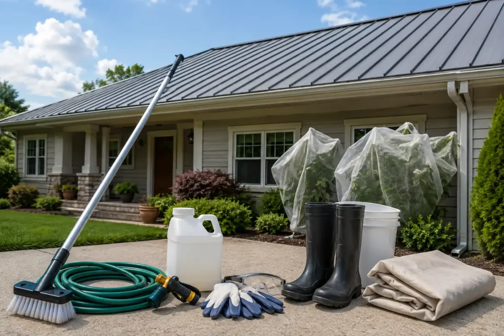 Tools used to clean a metal roof from the ground safely