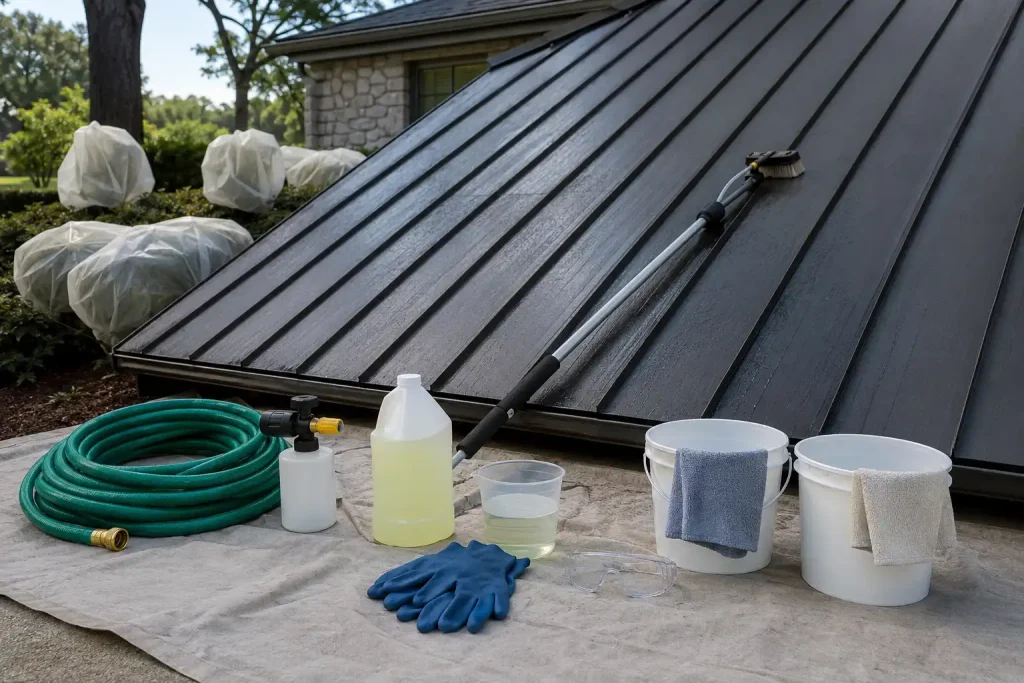 Supplies used to clean a metal roof without scrubbing