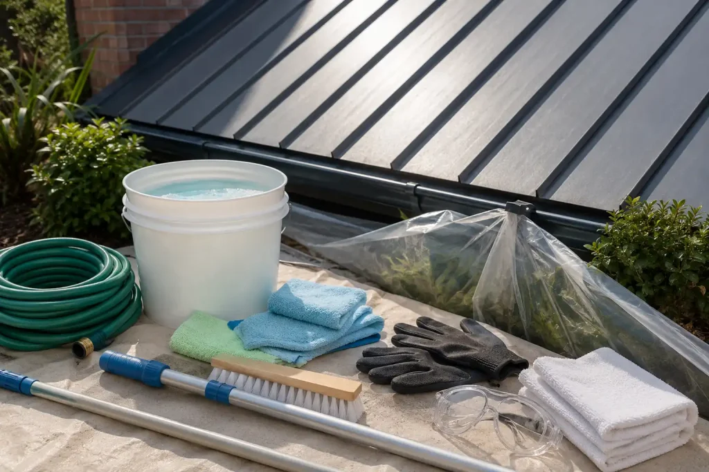Safe tools and mild detergent used to clean a metal roof