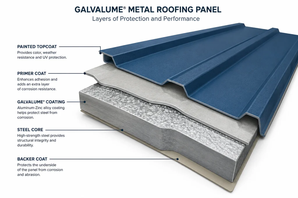 Cross-section showing what Galvalume metal roofing is made of