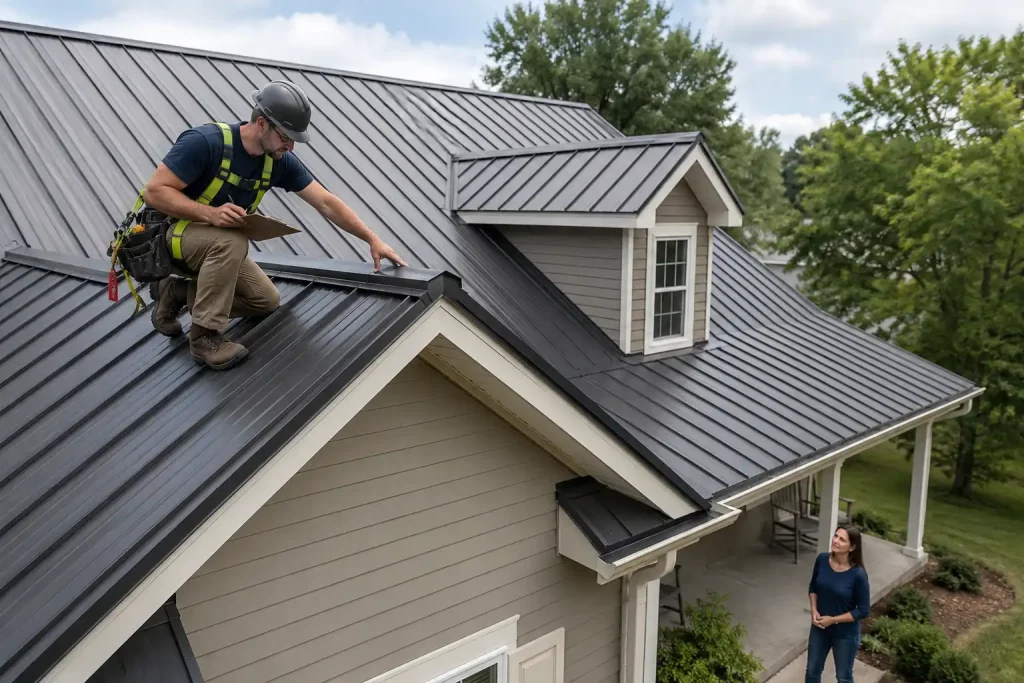 roofing contractor checking whether metal roof makes house hotter during inspection