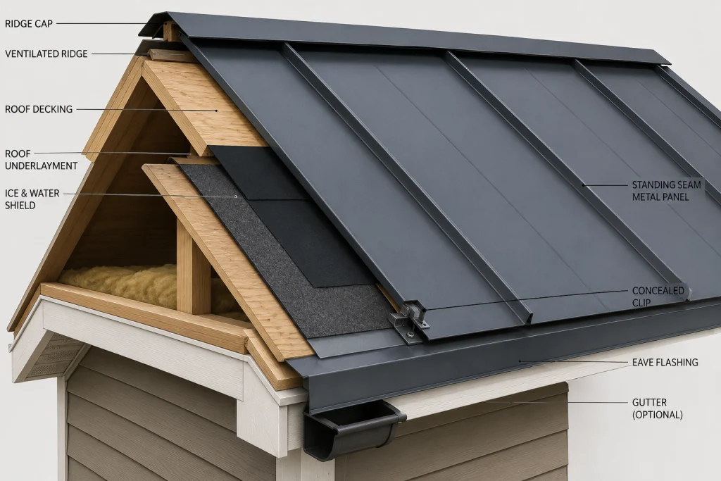 Standing seam metal roof layers including decking underlayment clips and panels
