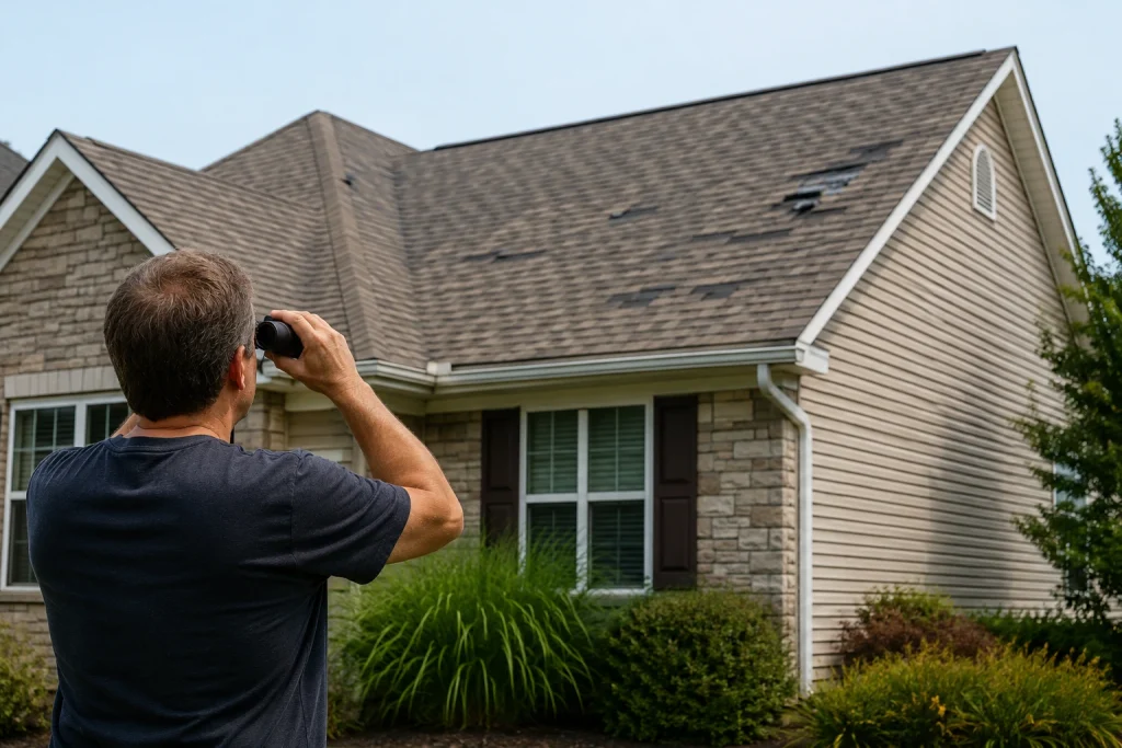 Inspecting roof damage safely from the ground.