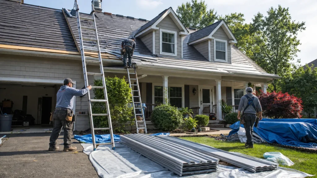 Professional crew preparing a home while explaining how long does it take to install a metal roof