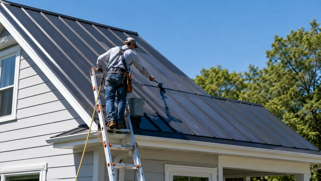 how to paint a metal roof safely with ladder and fall protection