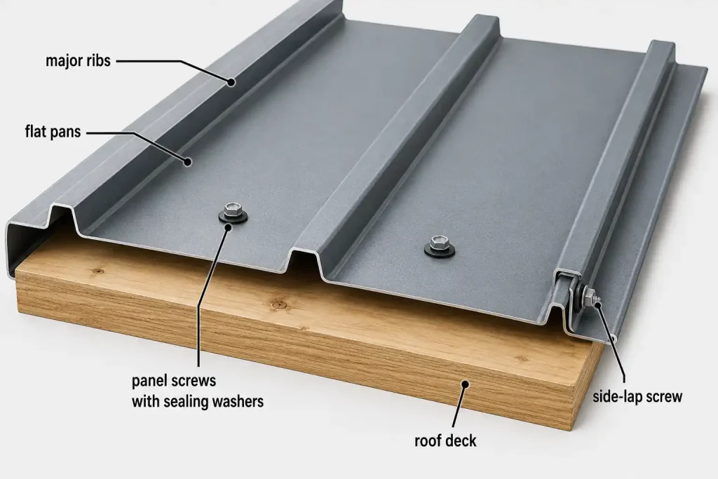 Diagram showing where to put screws on a metal roof panel