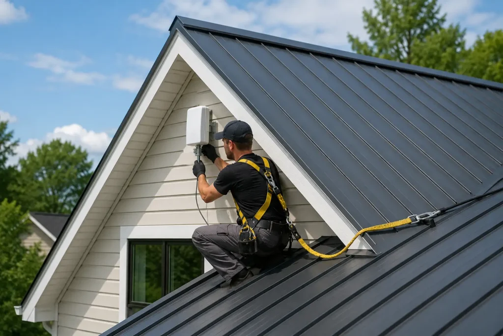 Professional installer mounting antenna safely near a metal roof to improve cell phone reception