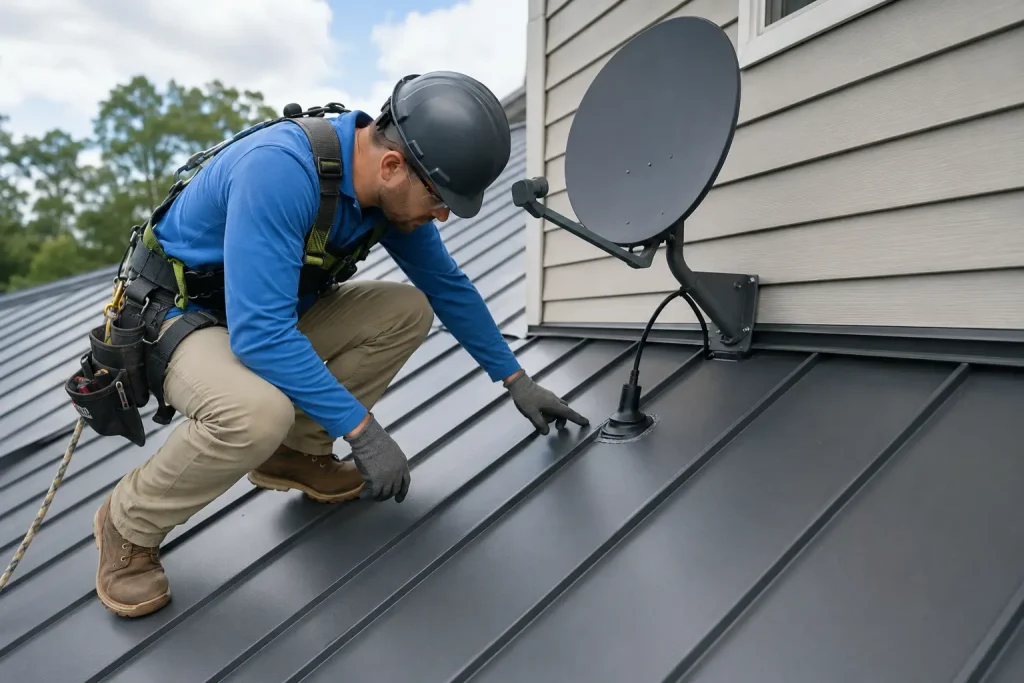 roofing professional inspecting metal roof equipment after wifi signal issues