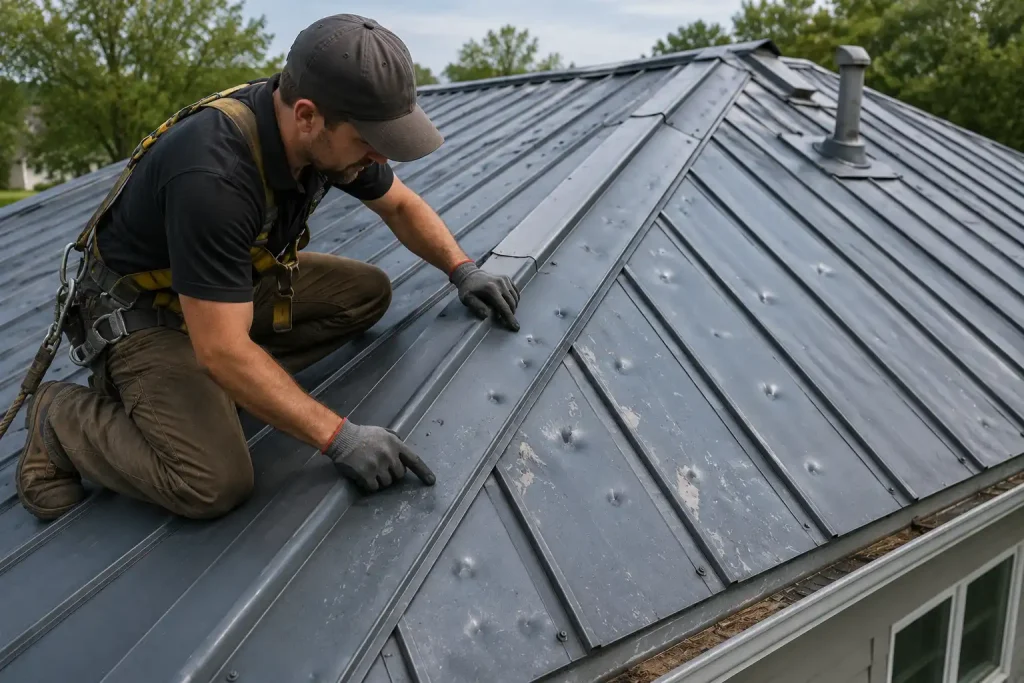 Metal roof impact damage inspection after a hailstorm