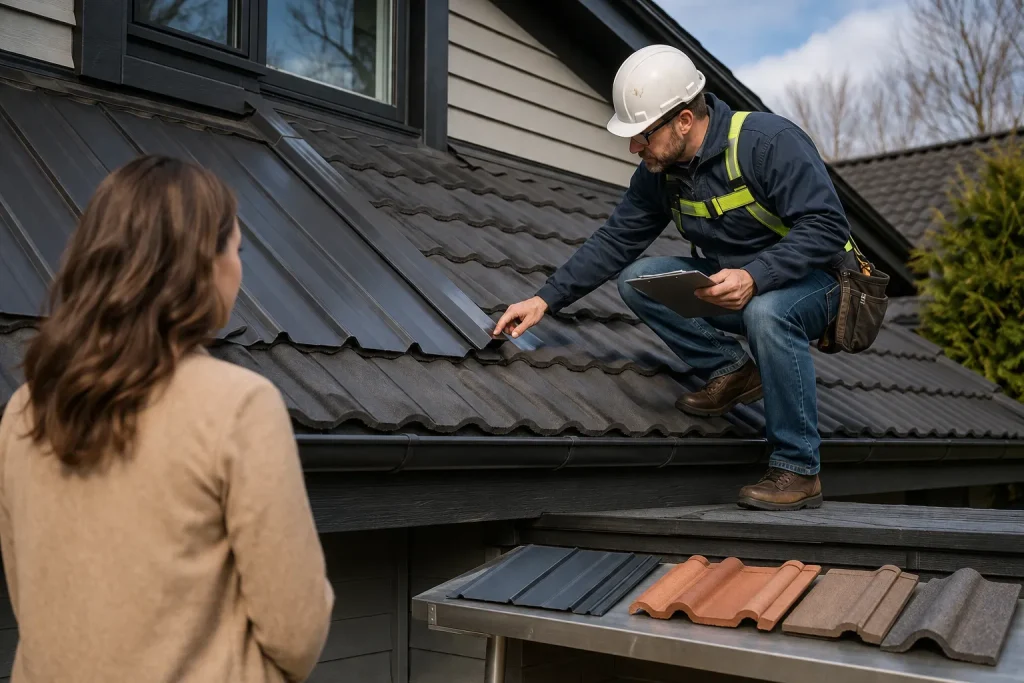  roofing contractor inspecting metal and tile roof warning signs