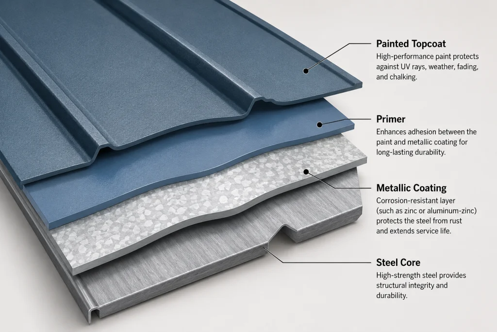 What are metal roofs made of showing coated steel roofing layers