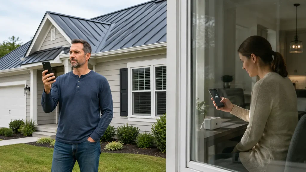 Homeowner testing whether a metal roof affects cell phone reception inside and outside a house