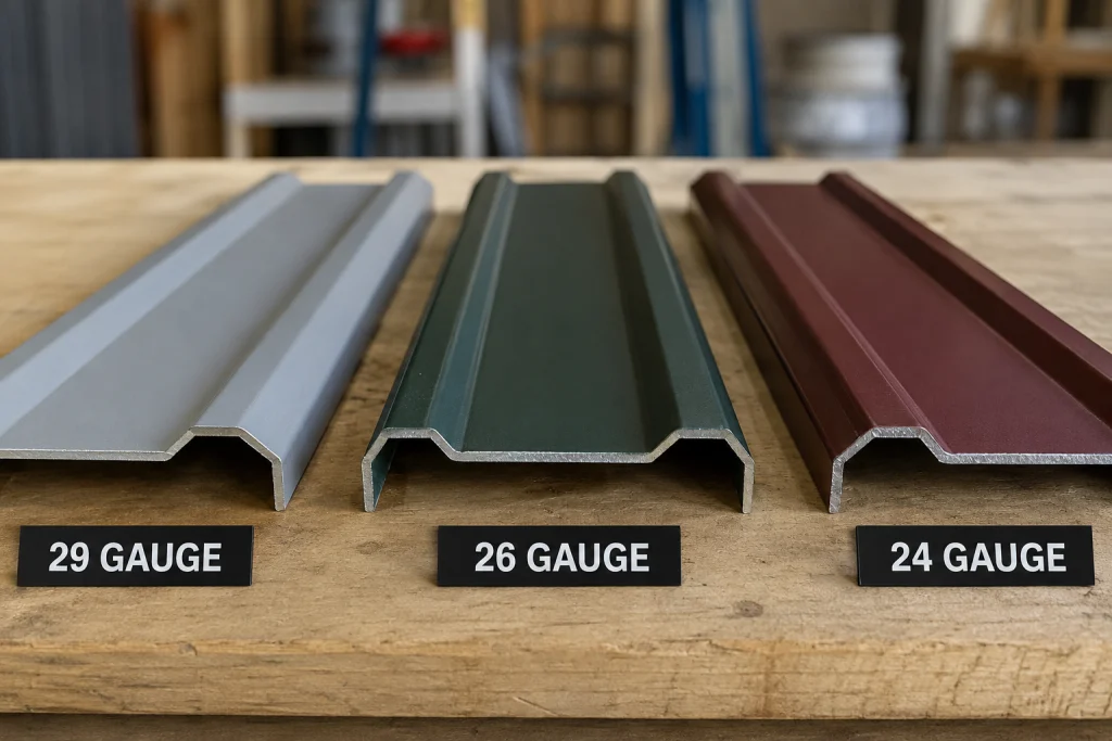 What gauge is metal roofing thickness comparison for 29-, 26-, and 24-gauge panels