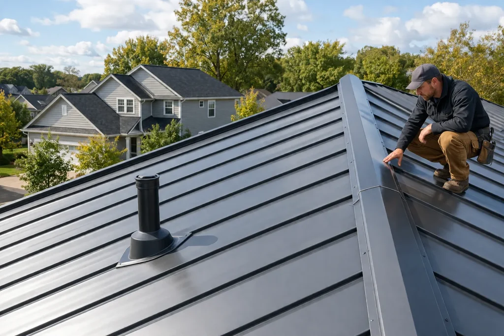properly installed metal roofing with clean flashing and straight panels