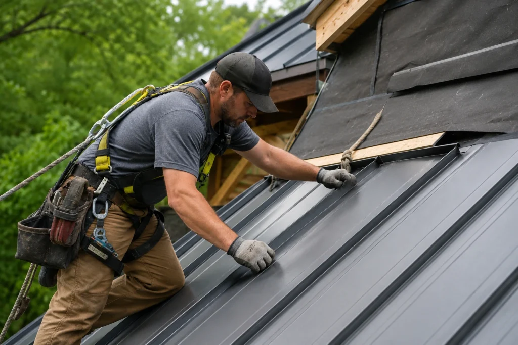 Metal roof installation requires accurate flashing and panel details