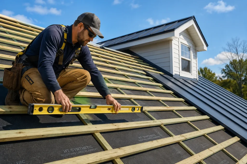 roofing contractor installing furring strips for metal roof