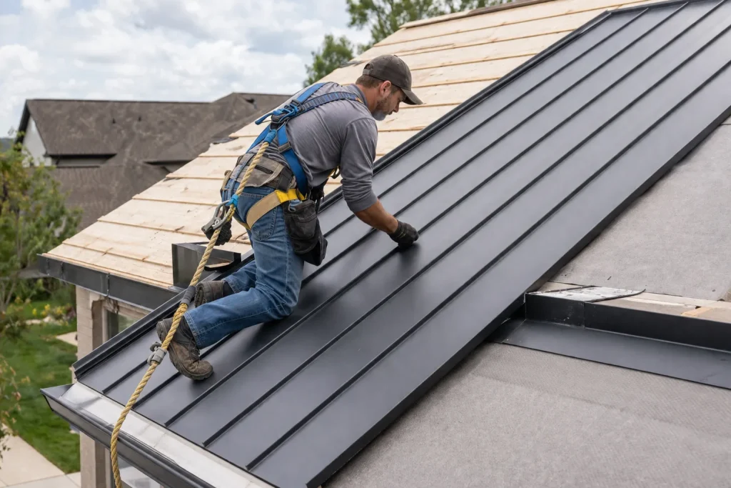 Roofing professional installing metal roof panels safely on a residential home