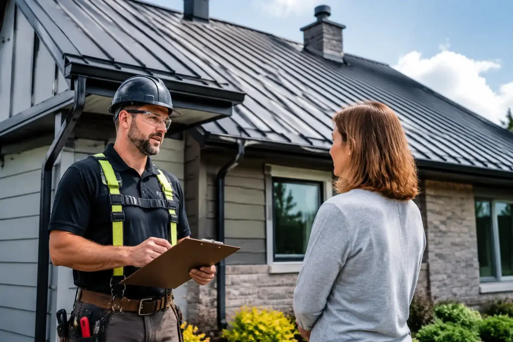 Contractor explaining do metal roofs attract lightning to homeowner beside metal roof