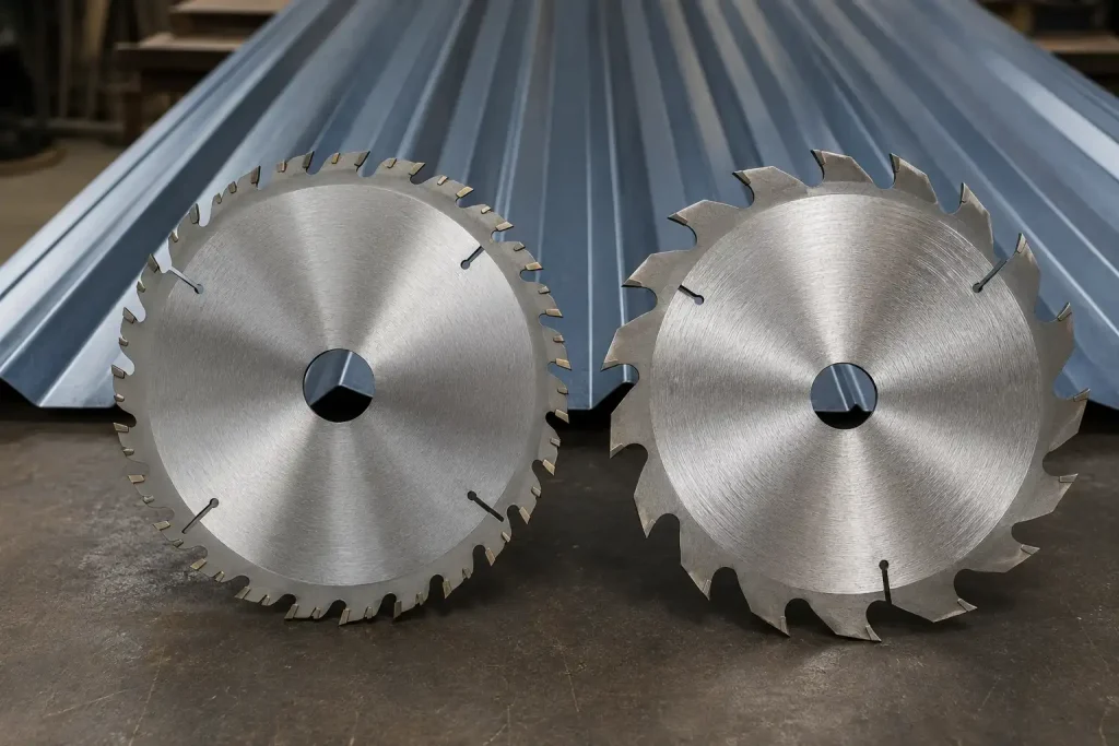 Metal-cutting circular saw blade used to cut metal roofing panels