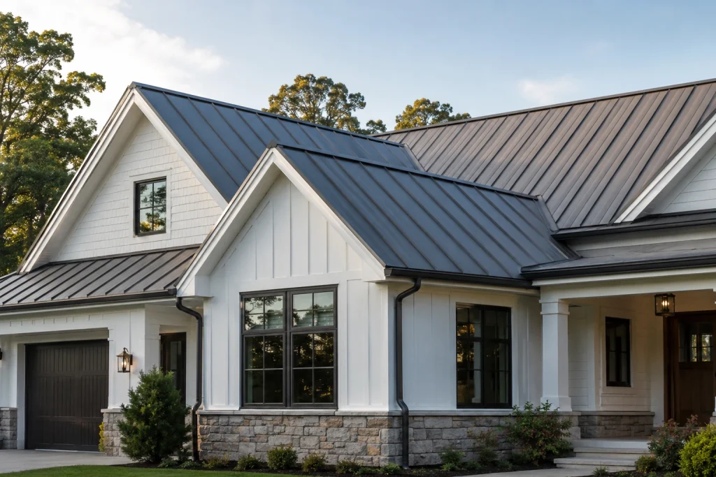 A modern home with a standing seam metal roof