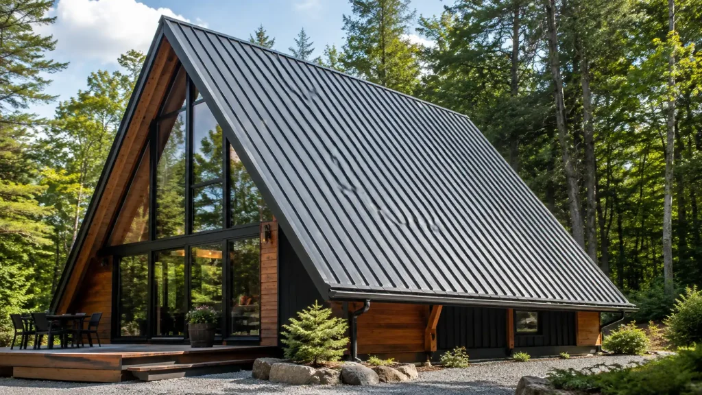 a frame metal roof on a modern cabin-style home