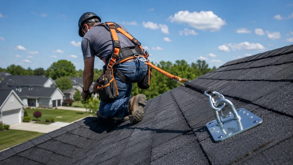 Professional roofer using a complete fall protection system.