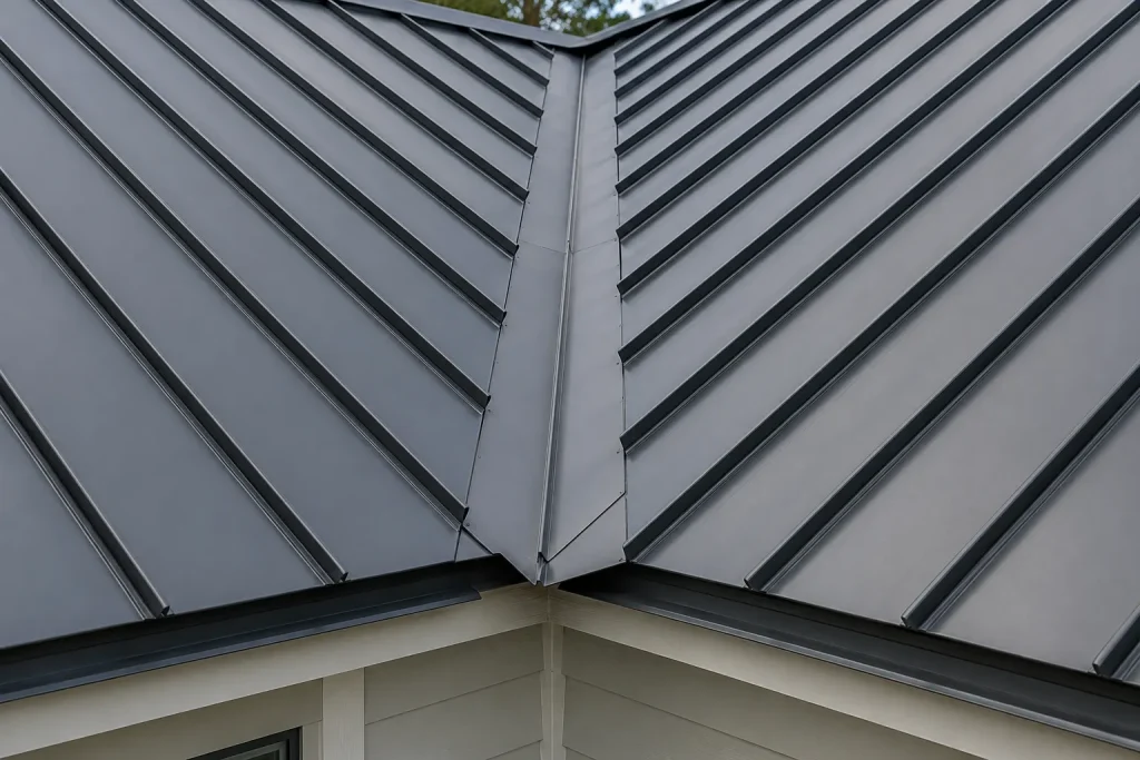 completed open metal roof valley installation