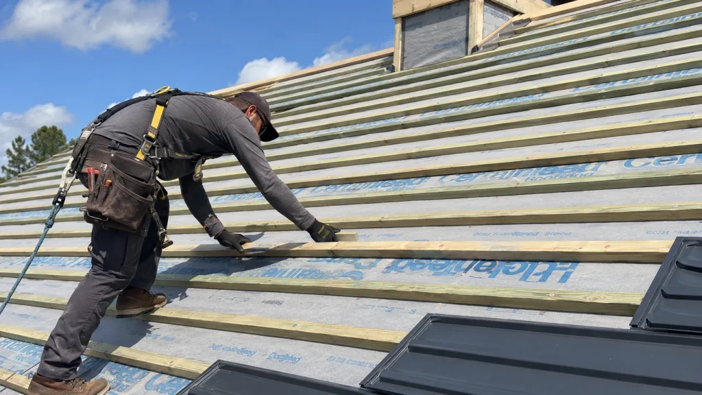 installing metal roof with correctly spaced furring strips