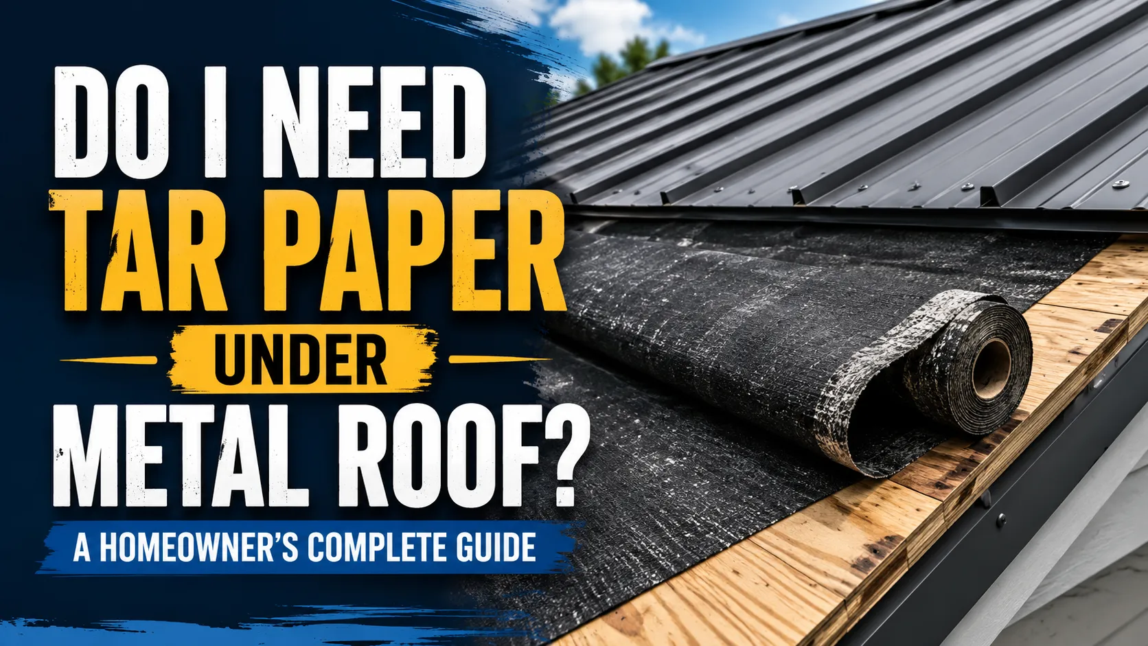roofing contractor installing tar paper under metal roof