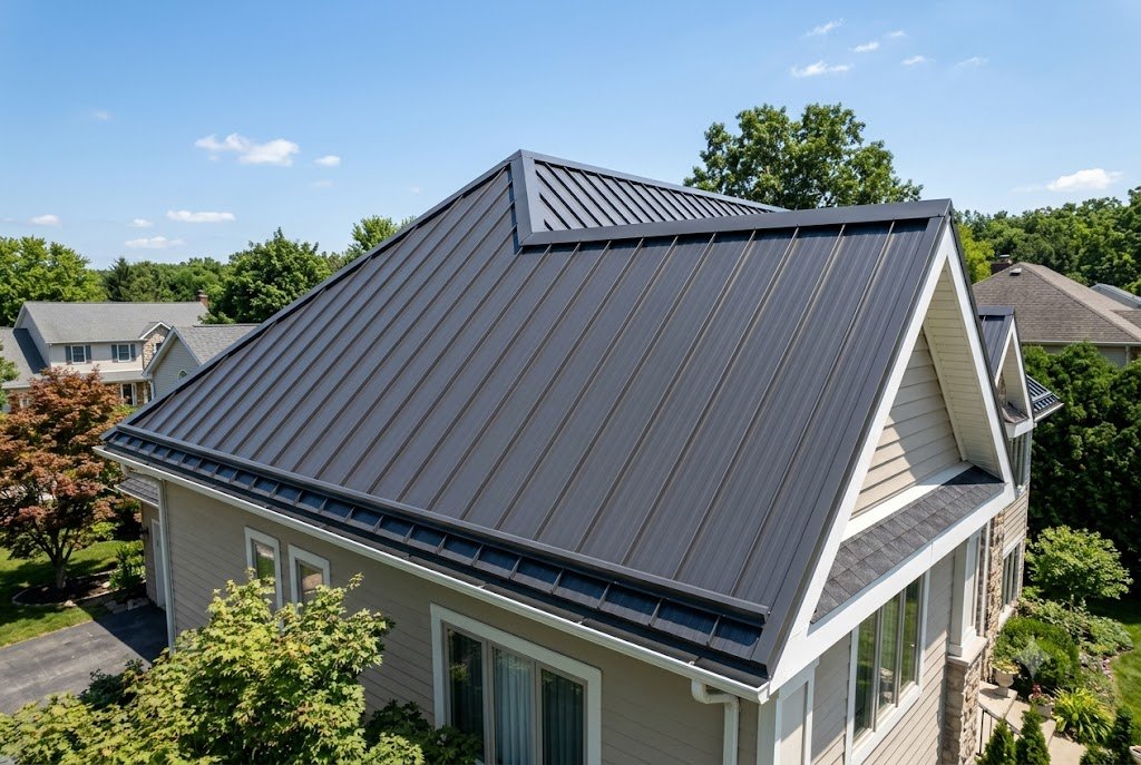 finished 5v metal roofing installation on residential roof