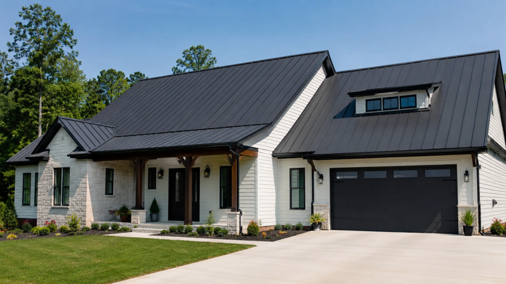 pros and cons of metal roofing shown on a modern residential home