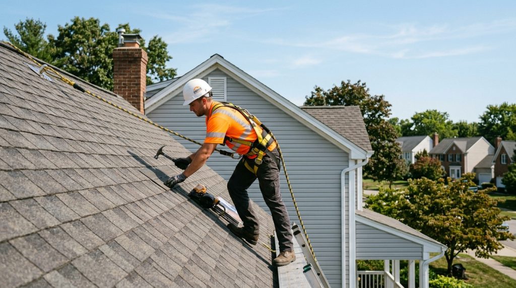 Contractor using safety rigging on a steep-slope roof.