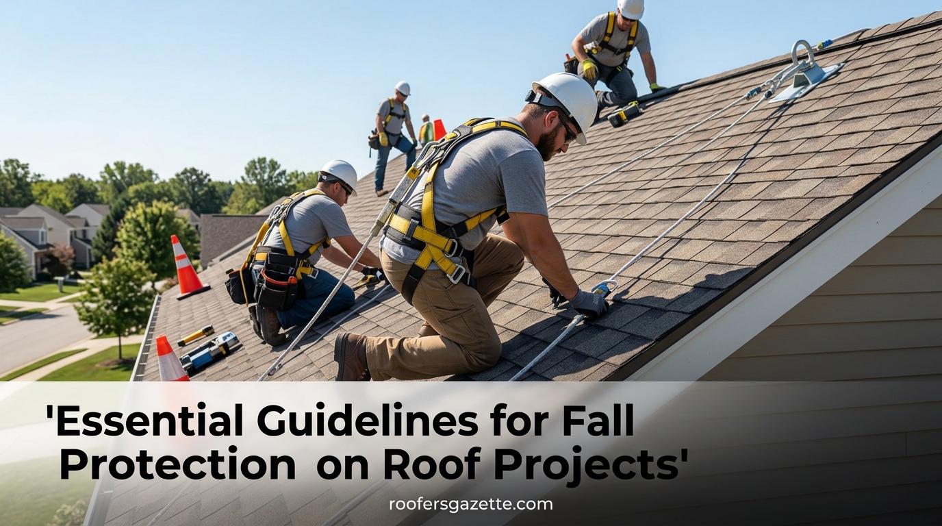 Professional roofer safely climbing an extension ladder tied off to a roof edge.