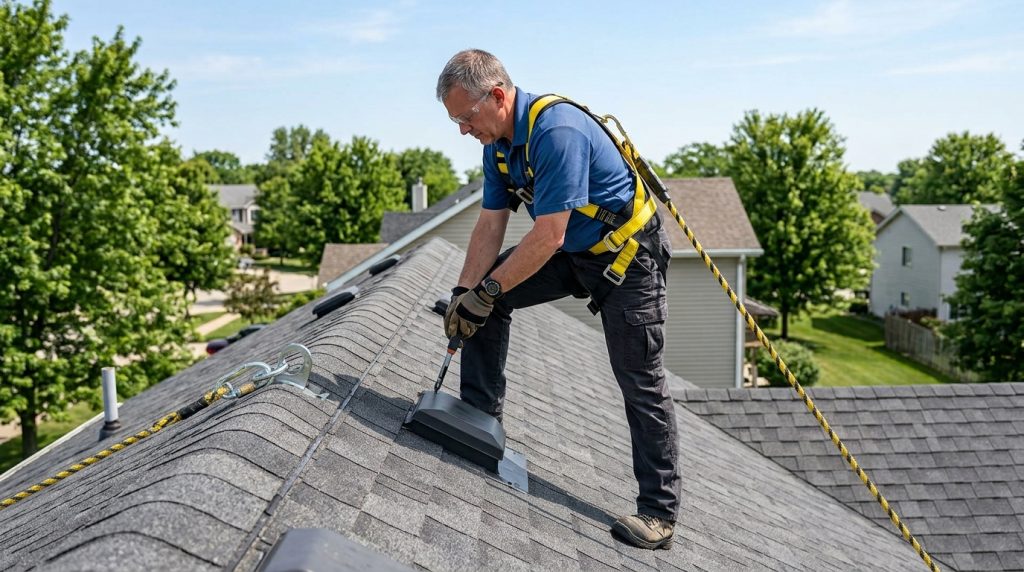 Homeowner wearing fall protection for roof work including a full body harness and safety lanyard attached to a roof peak.