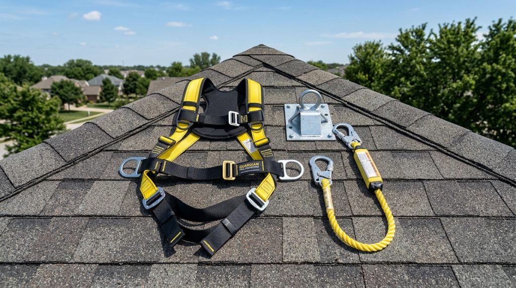 Homeowner wearing fall protection on roof showing a full-body harness and safety lanyard.
