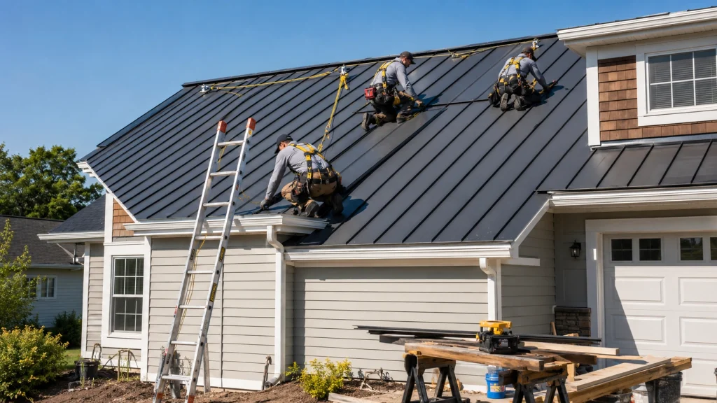 Roofers following OSHA roof requirements during metal roof installation
