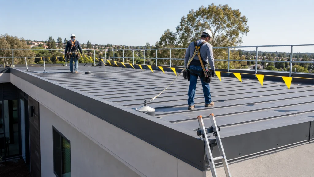 OSHA flat roof safety setup on a low-slope metal roof
