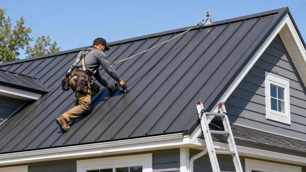 OSHA roof tie off requirements for a worker installing a metal roof