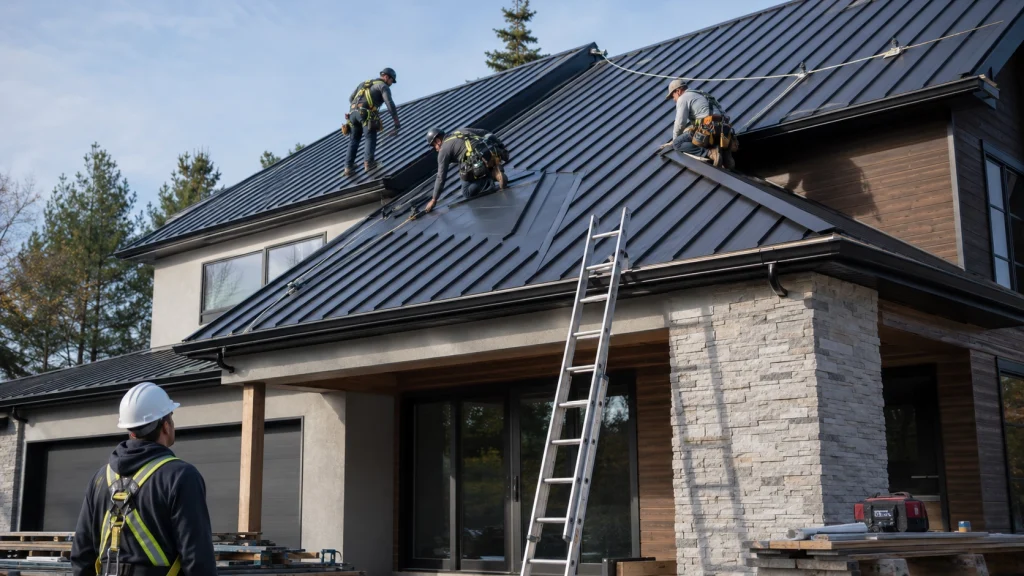 OSHA roofing news and fall protection during a residential metal roof installation
