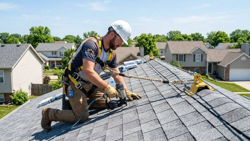 professional roofer wearing safety harness working on a residential roof