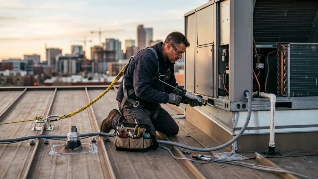 Harnessed roofer works beside HVAC equipment, conduits and flashing on standing-seam roof.