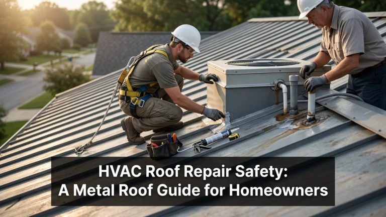 Roofer safely inspecting HVAC curb and flashing on a residential metal roof.
