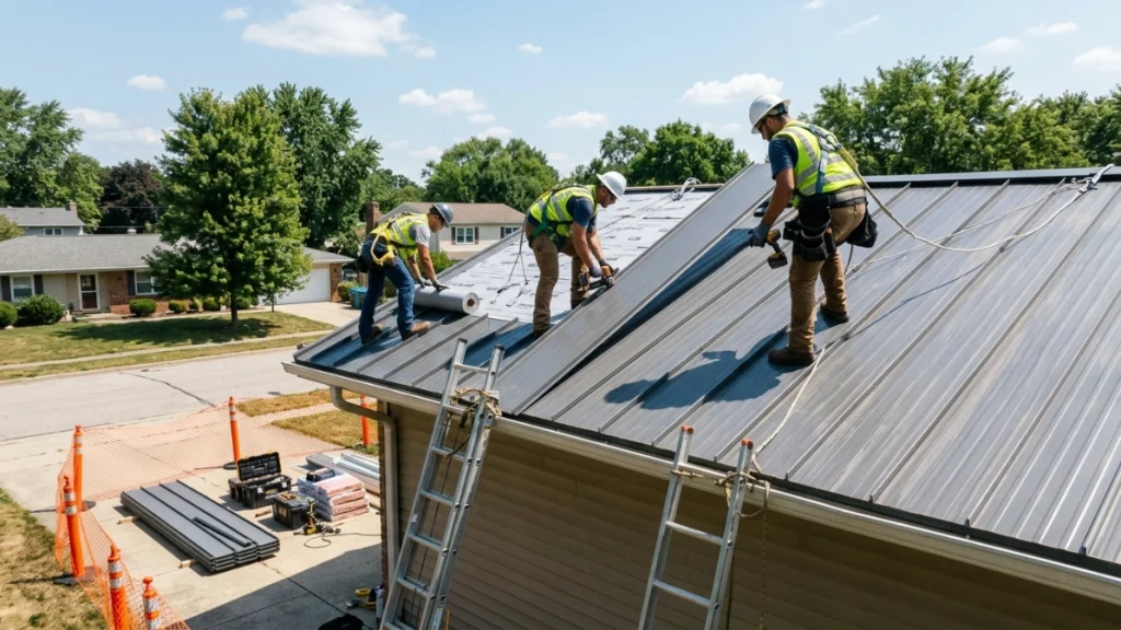 Industrial roofing safety practices for workers installing a residential metal roof